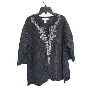 Maggie & Max Top BOHO Black Embroidered Striped Metallic 3/4 Sleeve Women's 1X